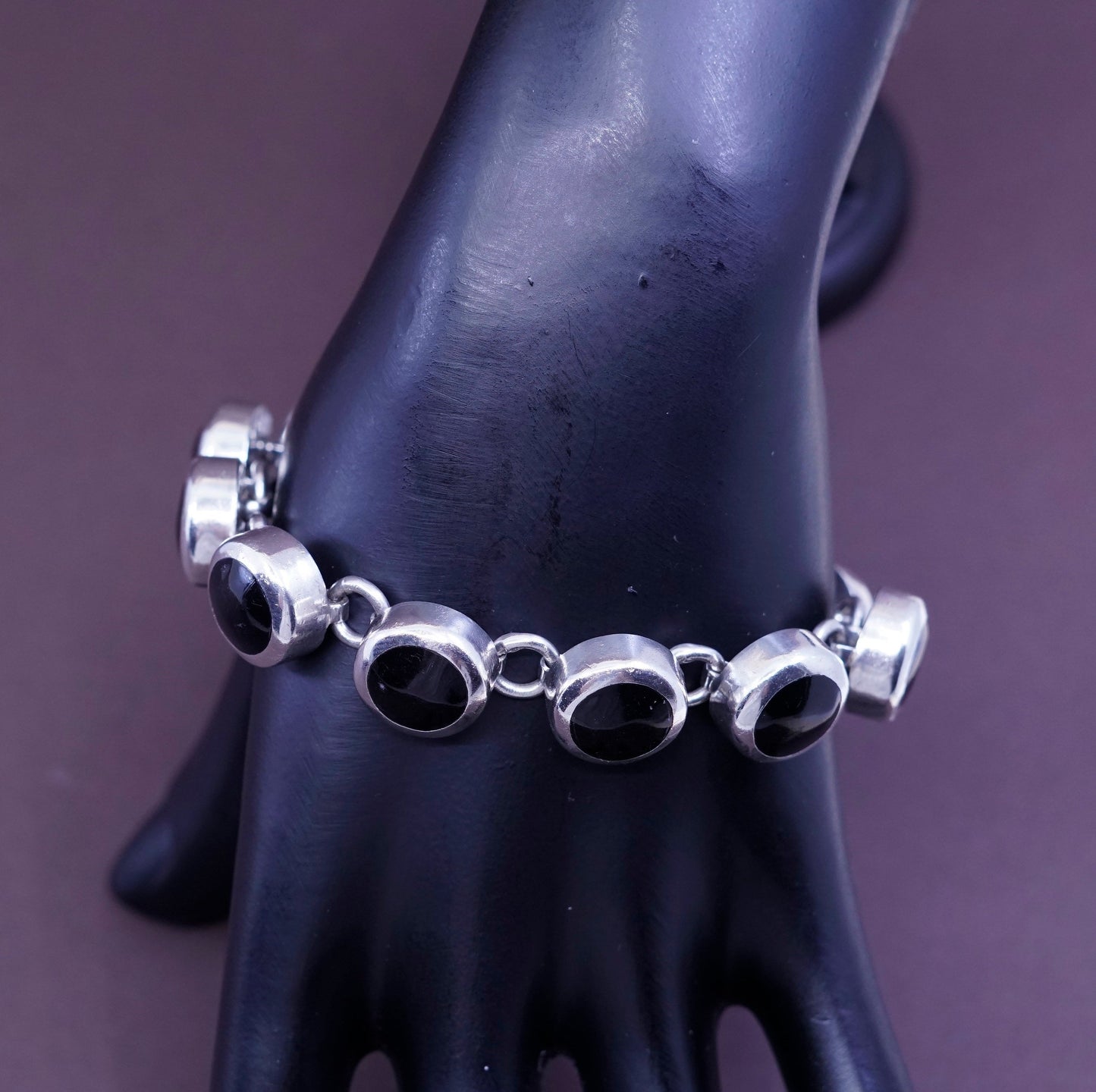7.25”, vtg Sterling silver handmade bracelet, Mexico 925 with round obsidian