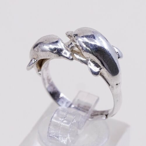 Sz Adjustable, Vtg Sterling Silver 925 Double Dolphin Band Ring, Silver Tested
