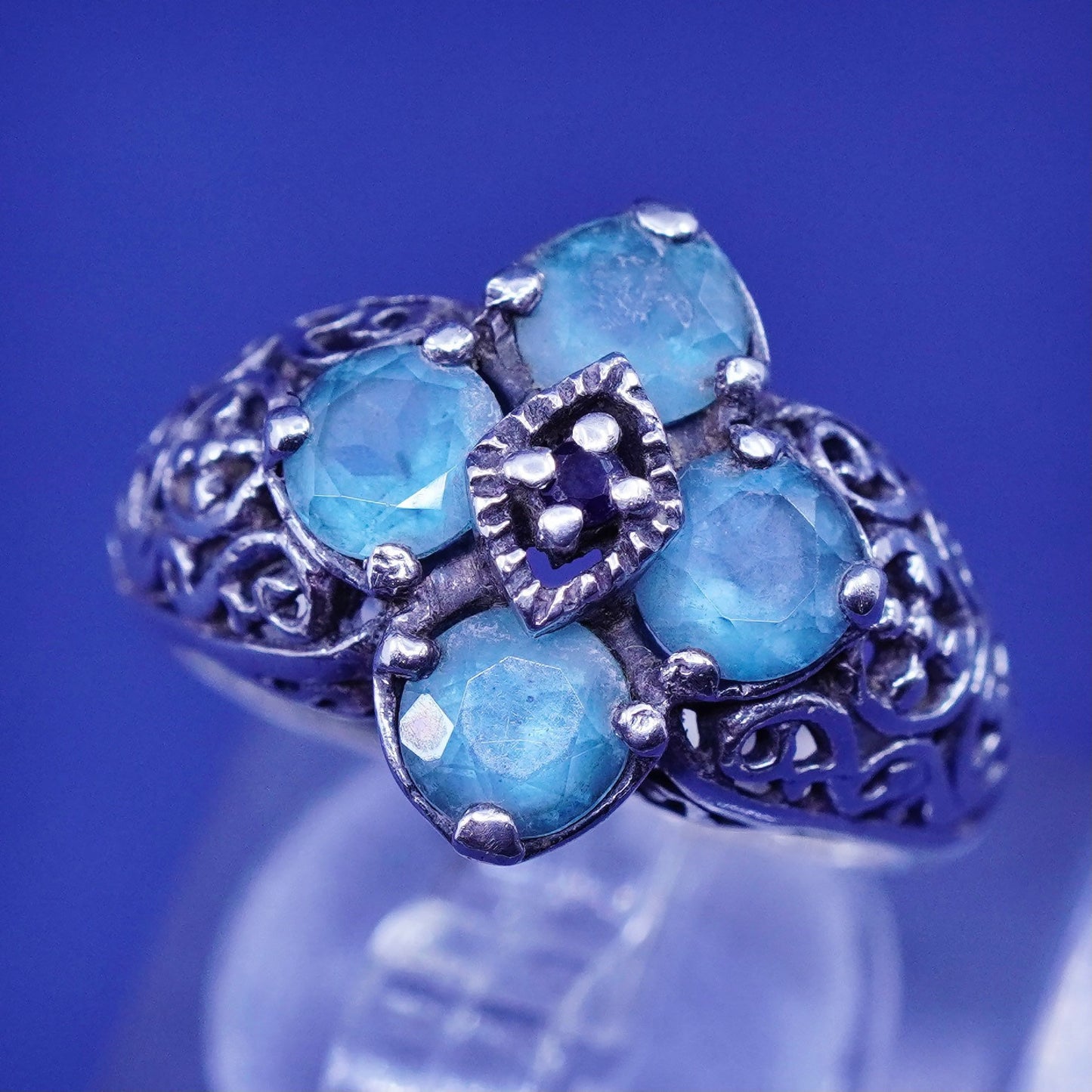 Size 6, vtg Sterling silver engagement ring, 925 filigree band topaz sapphire