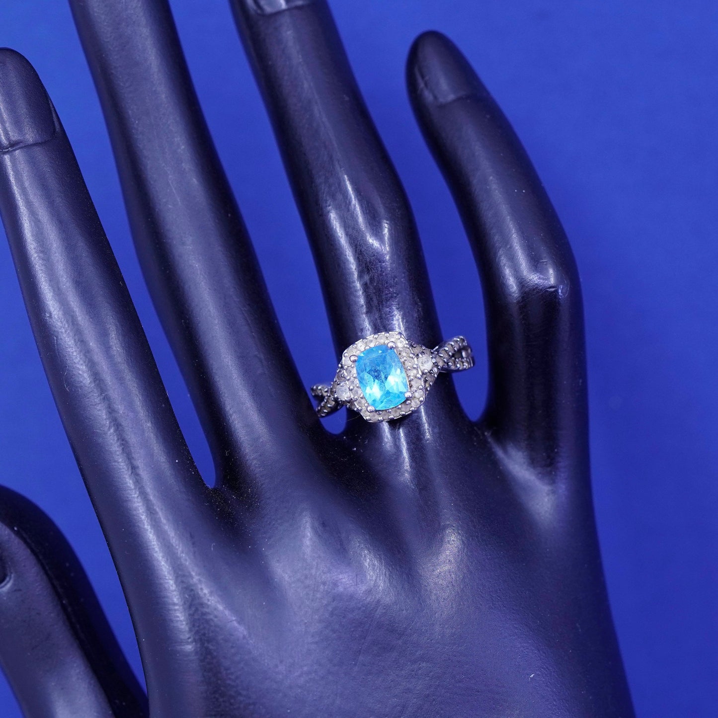 Size 7.25, vintage Sterling 925 silver handmade ring with topaz cluster diamond