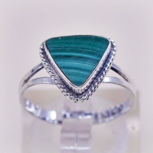 Sz 6, Vtg Sterling Silver Handmade Ring, 925 Silver Band W Malachite Inlay