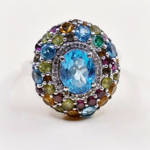 Sz 7.5, Vtg Sterling silver Engagement ring, 925 W/ Colorful Cluster Crystal