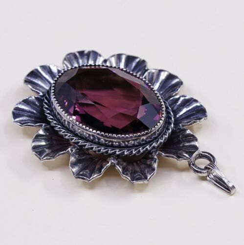 Vtg Danecraft Sterling silver pendant, Floral 925 w/ amethyst, stamped Sterling