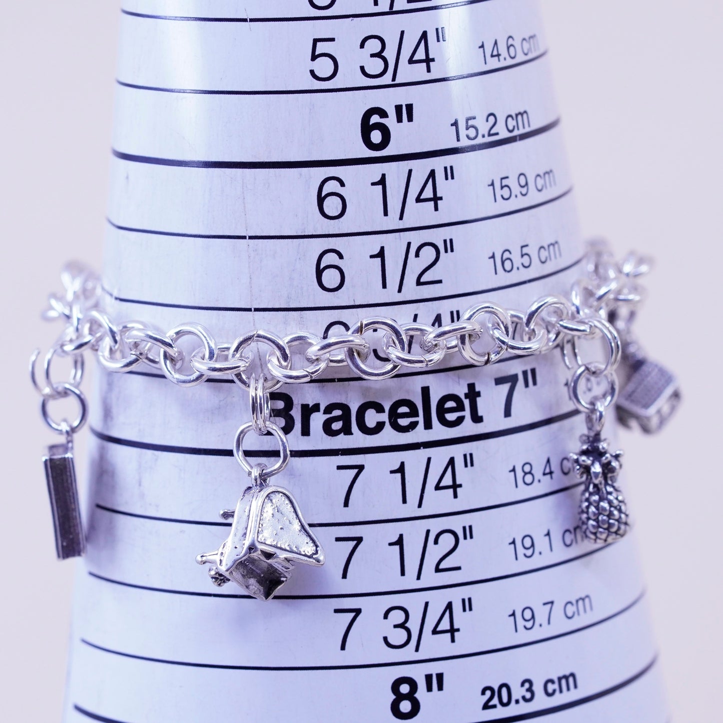 6.75” sterling silver bracelet, bold circle chain heart bible cross piano