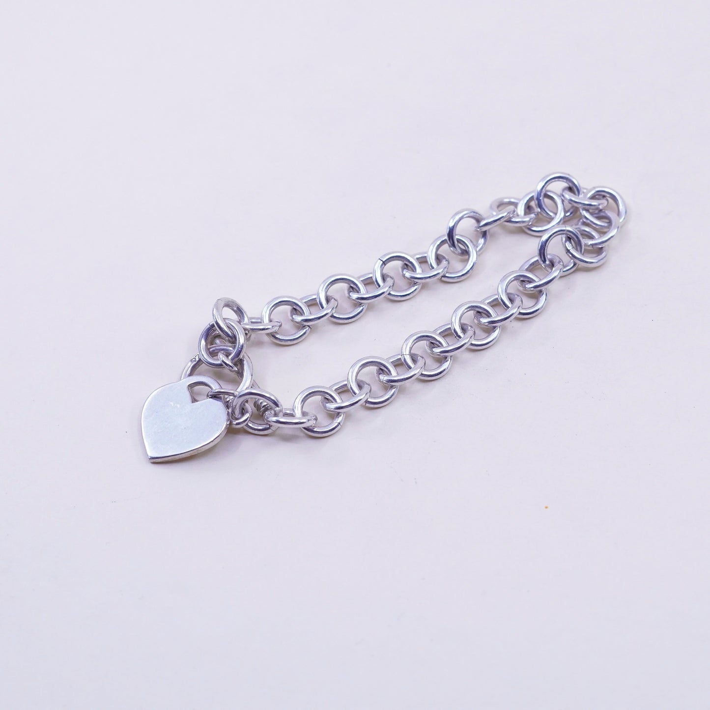 6.75”, Vintage sterling silver bracelet, handmade 925 circle chain heart charm