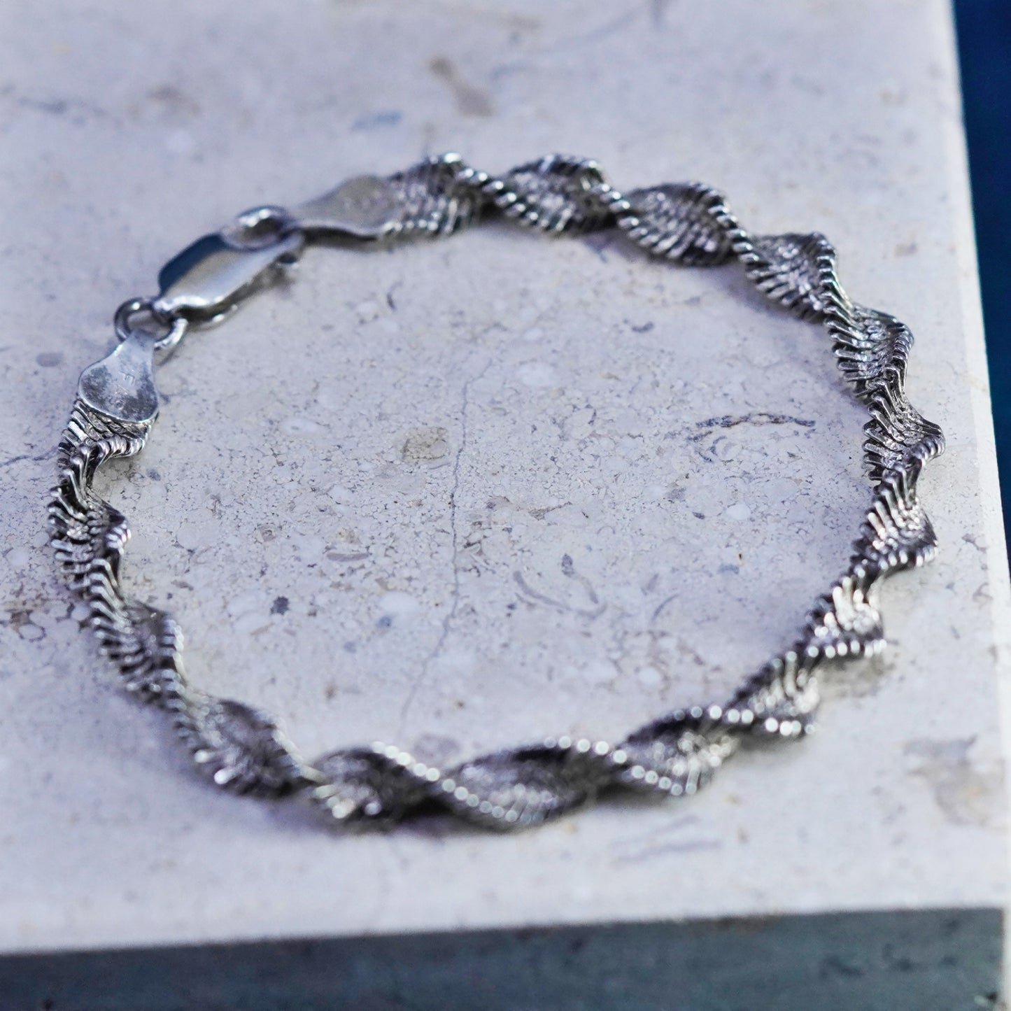 6.5”, vintage Sterling silver handmade bracelet, 925 twisted herringbone chain