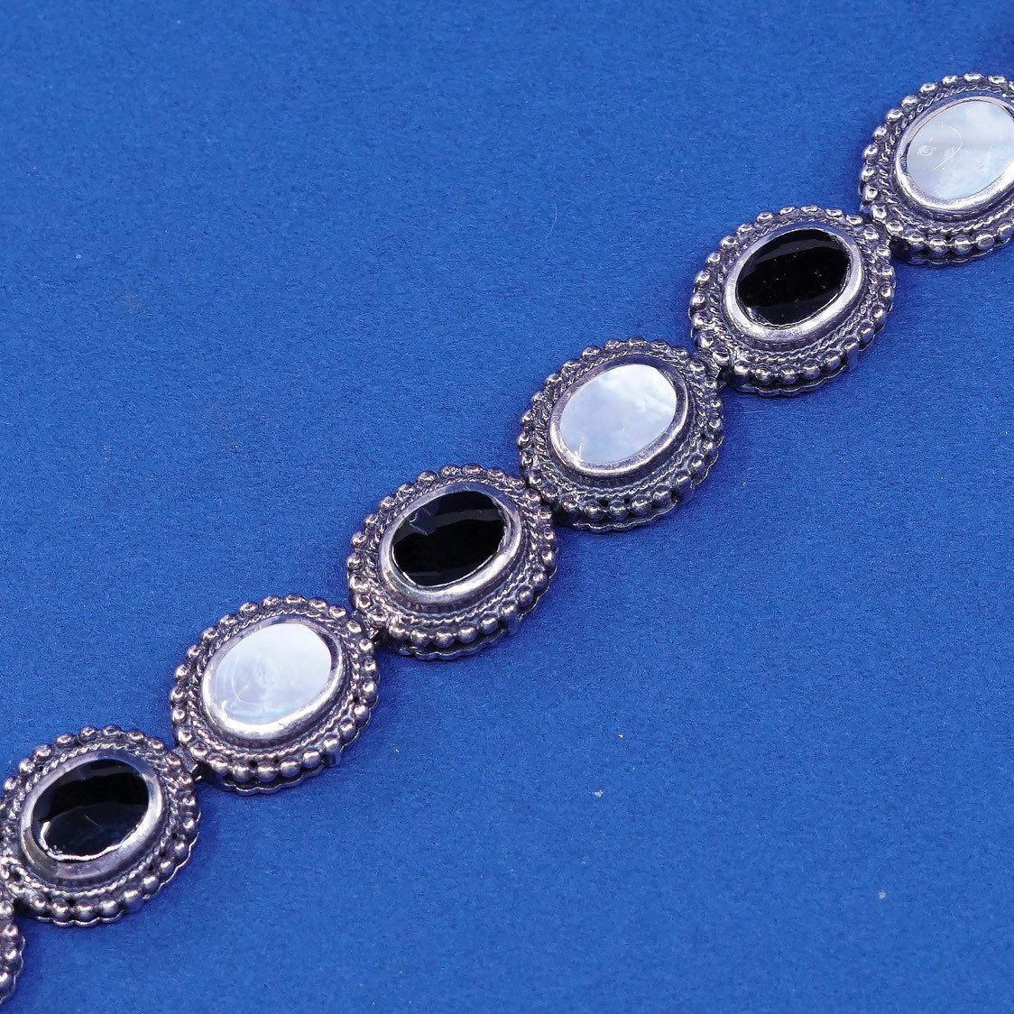 7.25", vtg Sterling silver handmade tennis bracelet, 925 w/ obsidian N MOP
