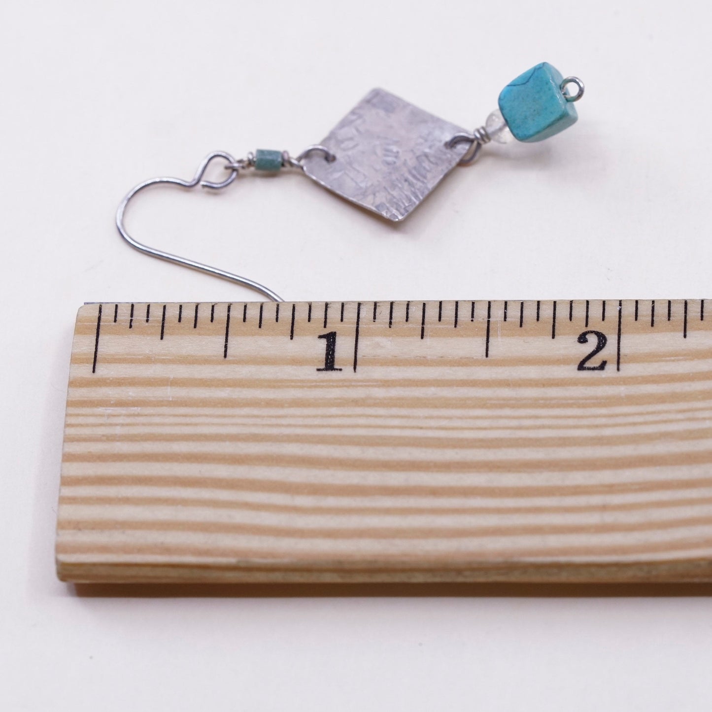 Vintage Sterling 925 silver handmade tag earrings, with cube turquoise