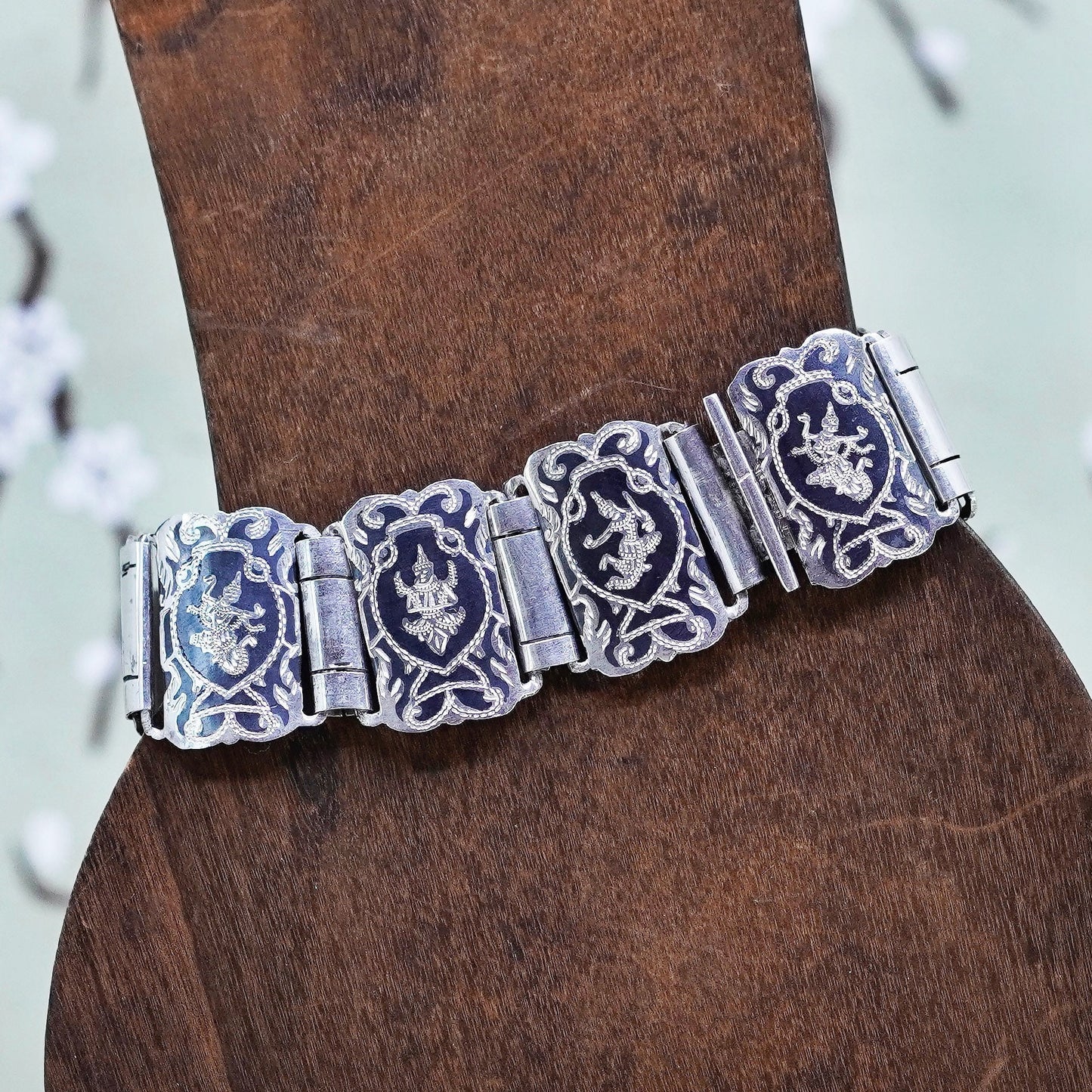 6”, Vintage Indian Siam 925 sterling silver wide bracelet engraved goddess