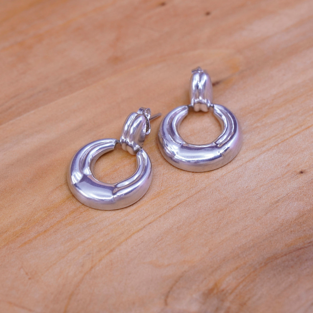 Vintage Sterling silver handmade earrings, Modern 925 ribbed circle dangles