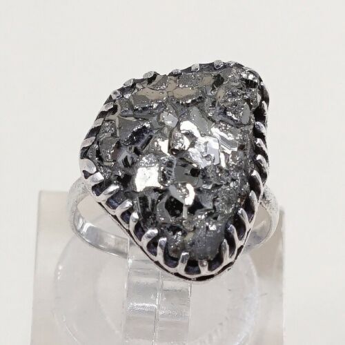 Sz 1.75, Vtg Sterling Silver Handmade Ring w/ Golden druzy quartz, Silver Tesyed