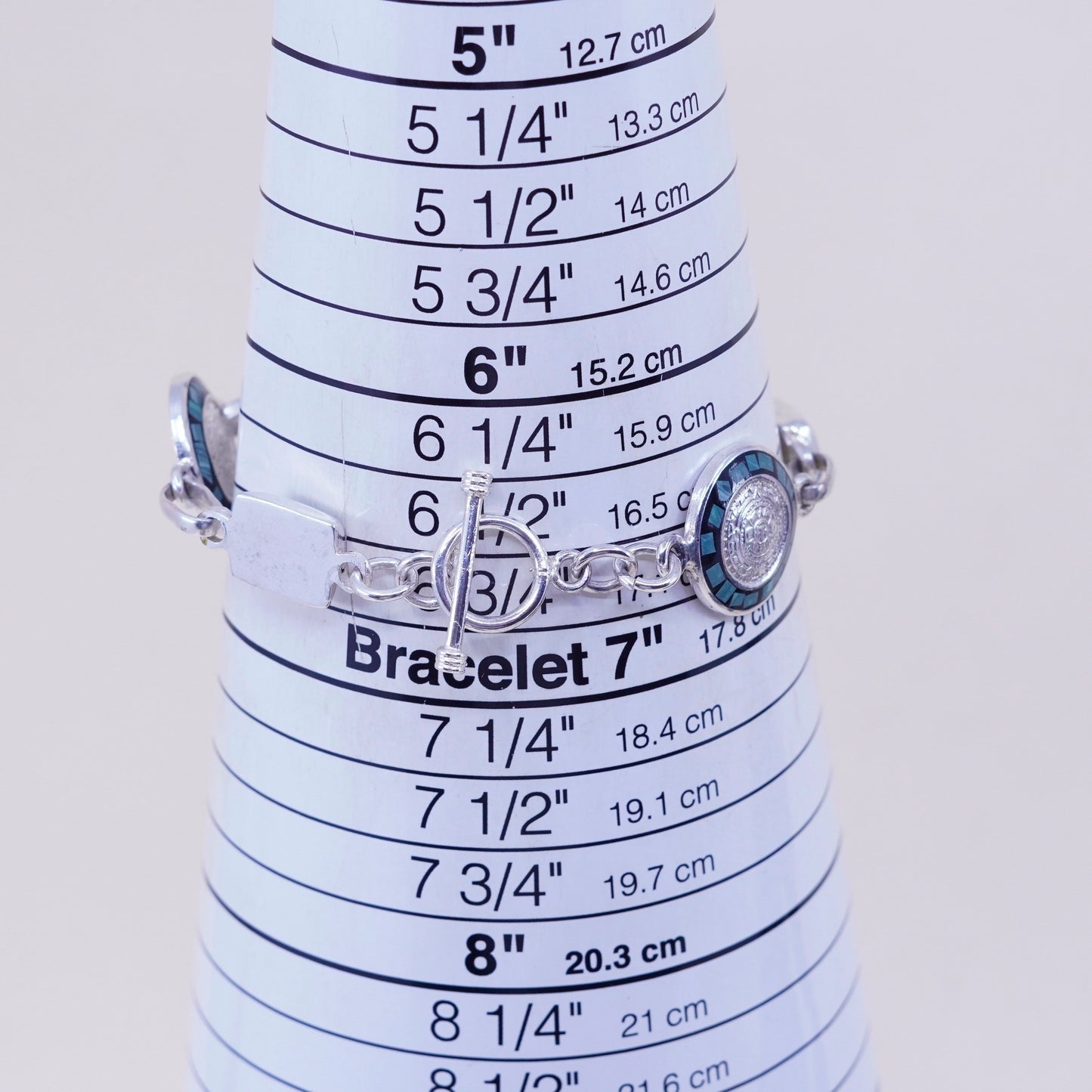 6.75”, sterling silver bracelet, 925 circle disc Mayan calendar malachite