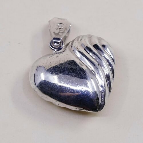 Vintage sterling silver handmade pendant, fine 925 silver Puffy heart charm