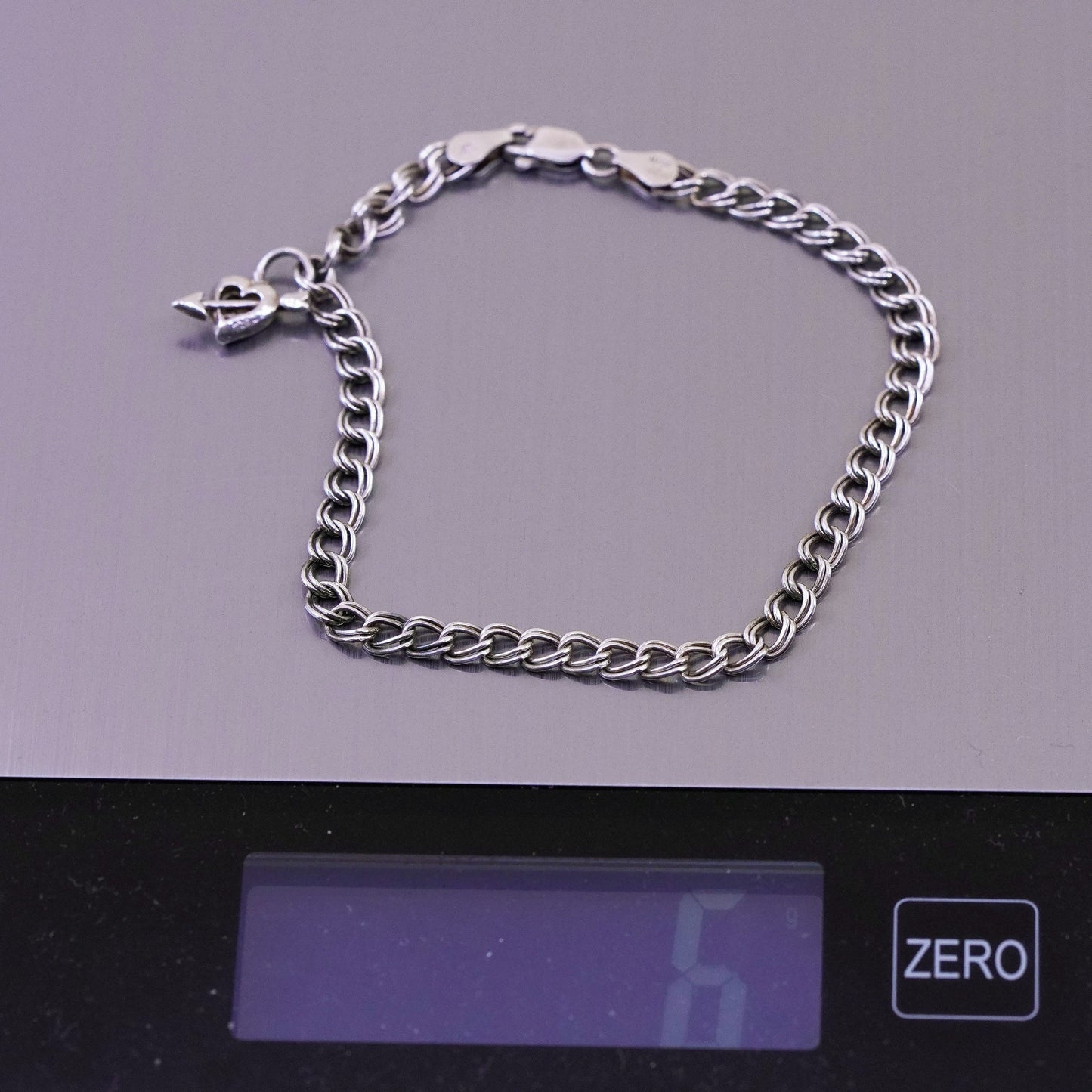 8”, Vintage sterling 925 silver double curb bracelet with arrow heart charm