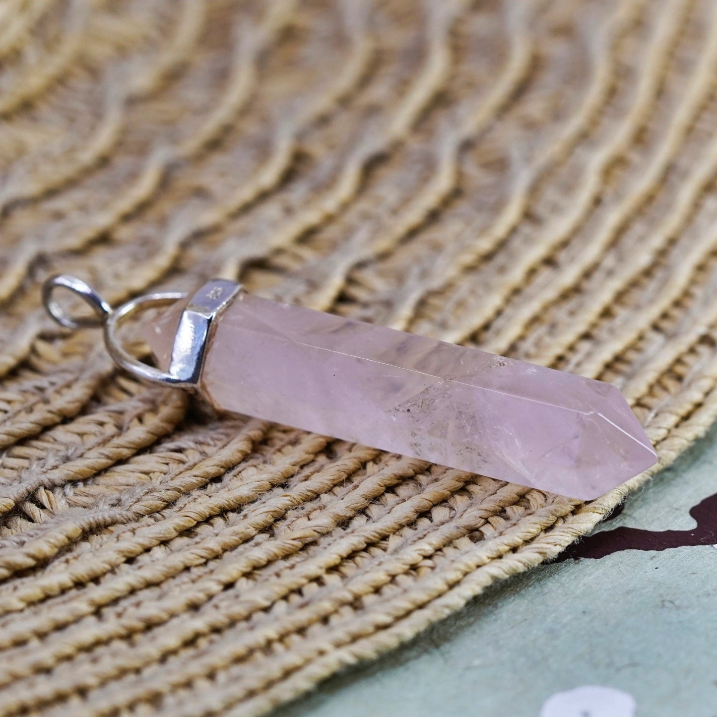 Vintage sterling 925 silver handmade healing pendant with pink rose quartz