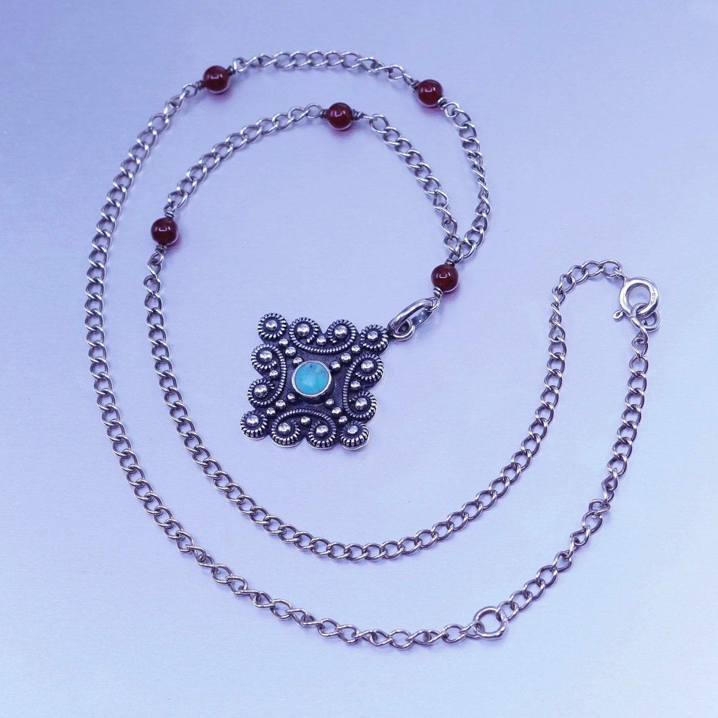16+2”, native American Sterling 925 silver necklace garnet turquoise pendant