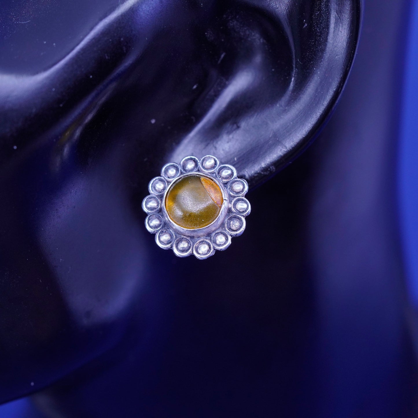 Vintage sterling silver handmade earrings, 925 flower studs with round amber