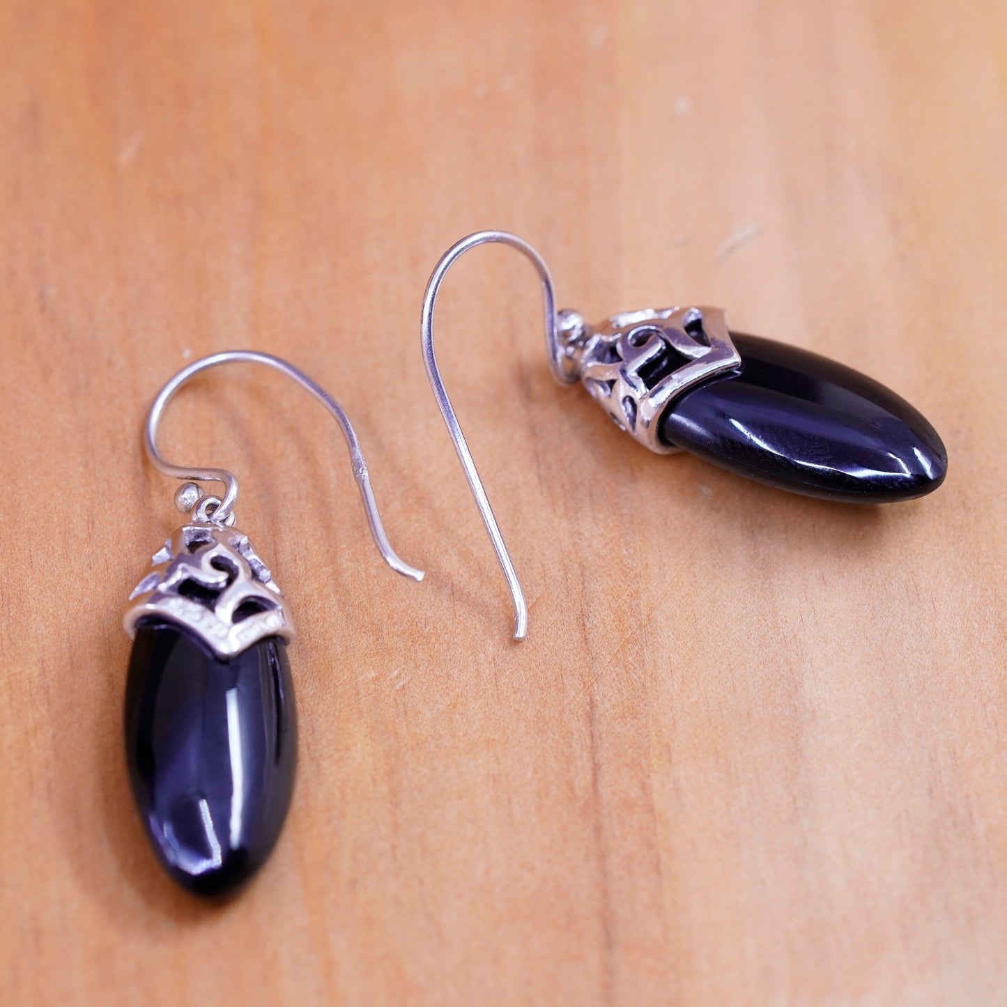 Vintage Sterling 925 silver handmade earrings with obsidian dangles