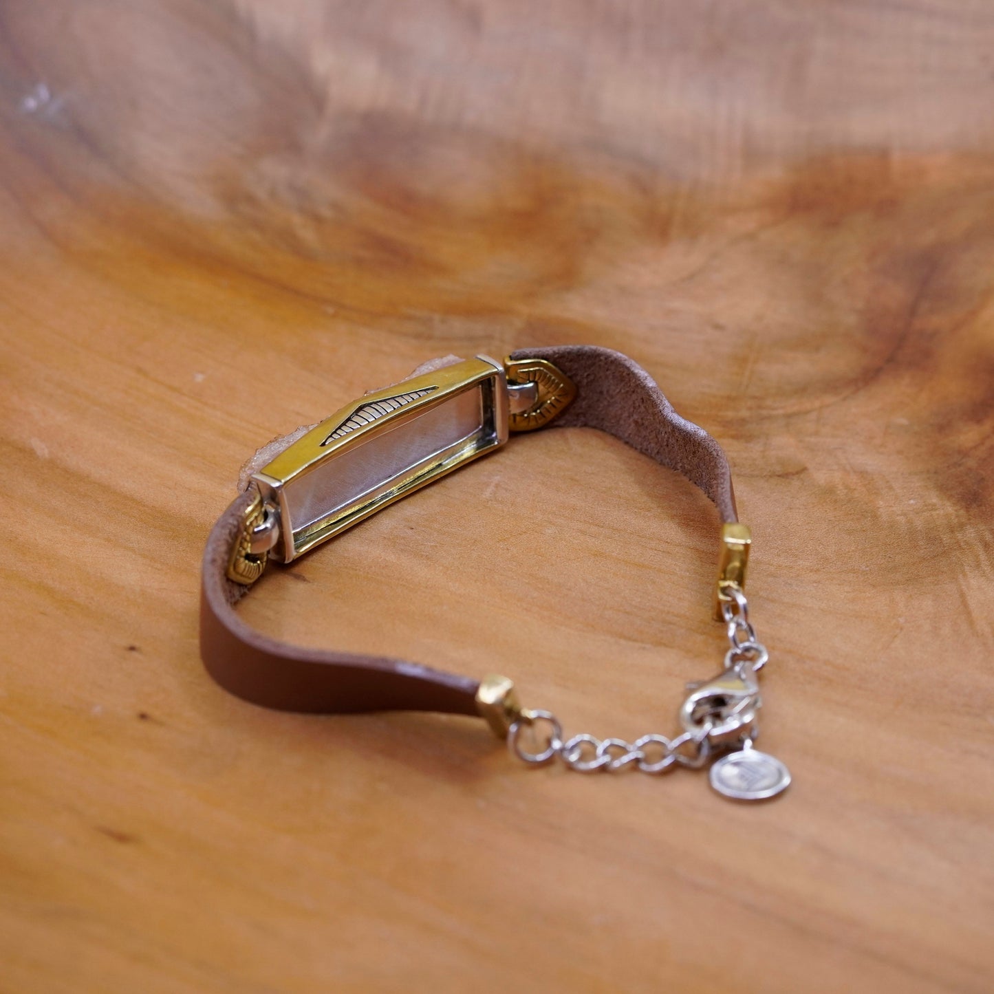 7.25” Silpada Sterling 925 silver Gold Brass Druzy Blush Leather Bracelet B3387