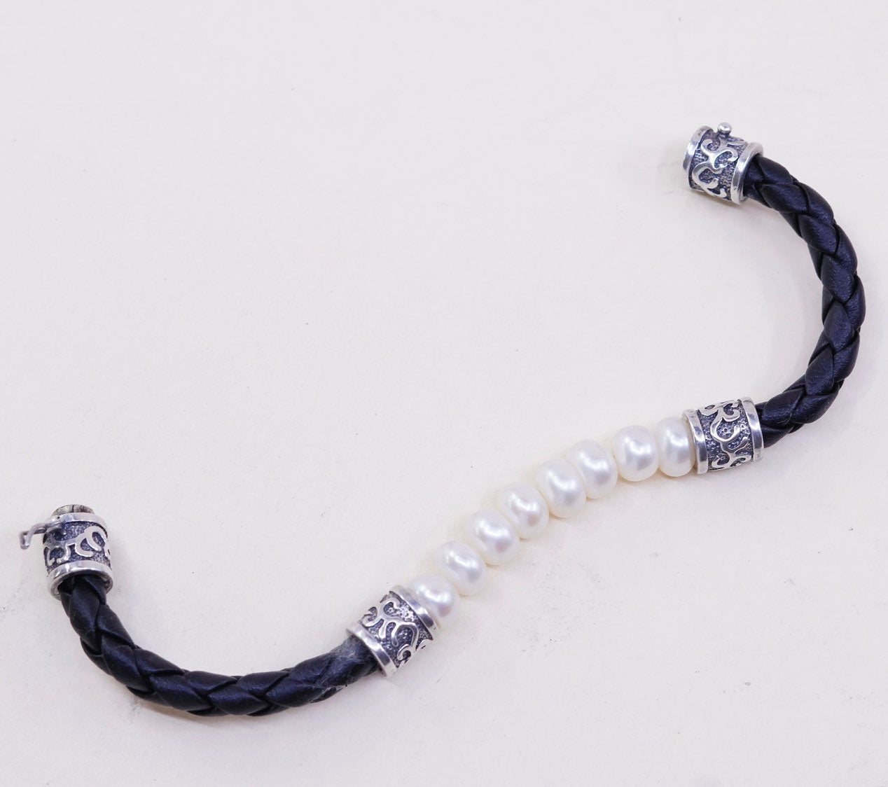 6", woven black leather, 925 Mexico Sterling silver bracelet w/ pearl N elastic