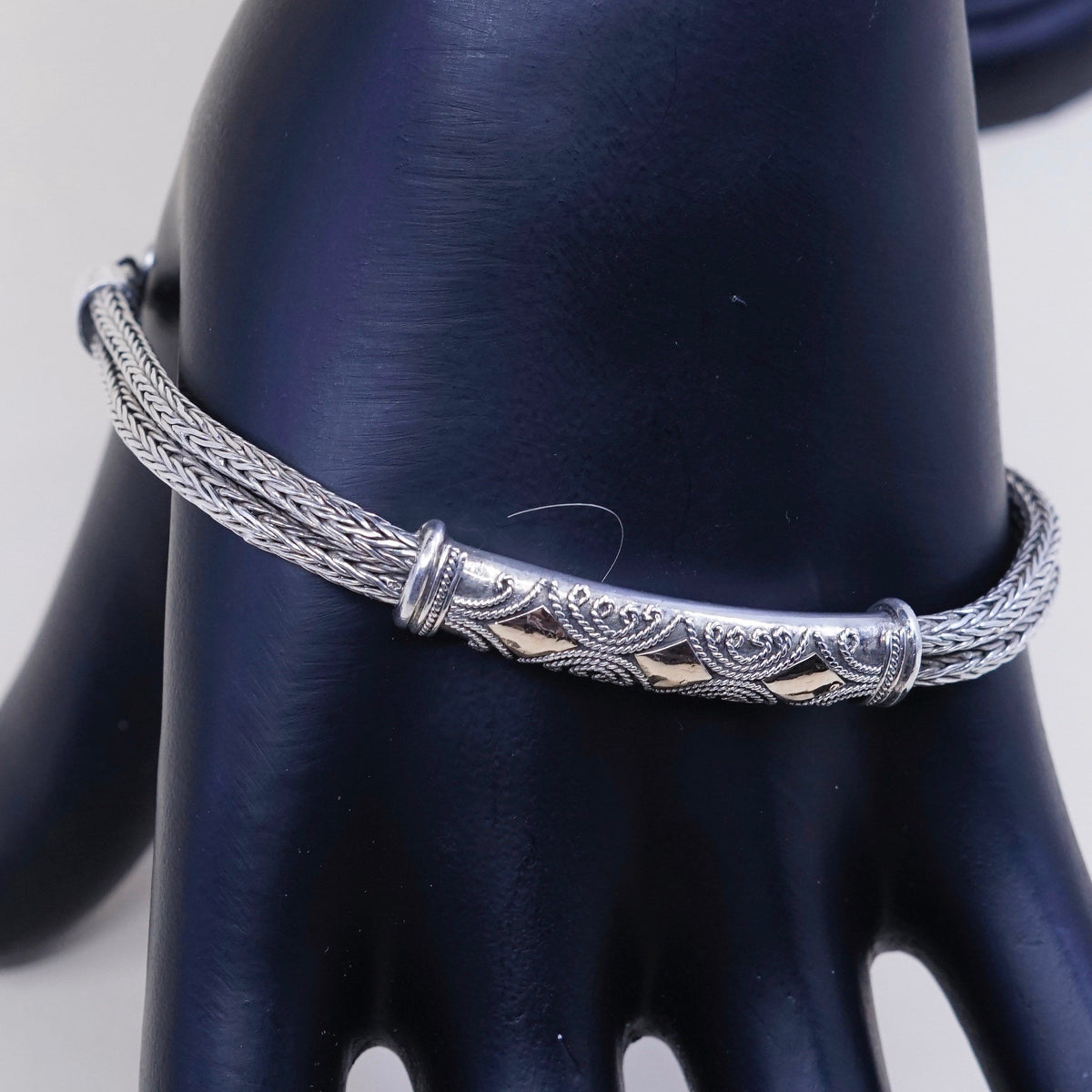 6.5”+1”, 14K gold accent w/ sterling silver bracelet, double strands 925 wheat