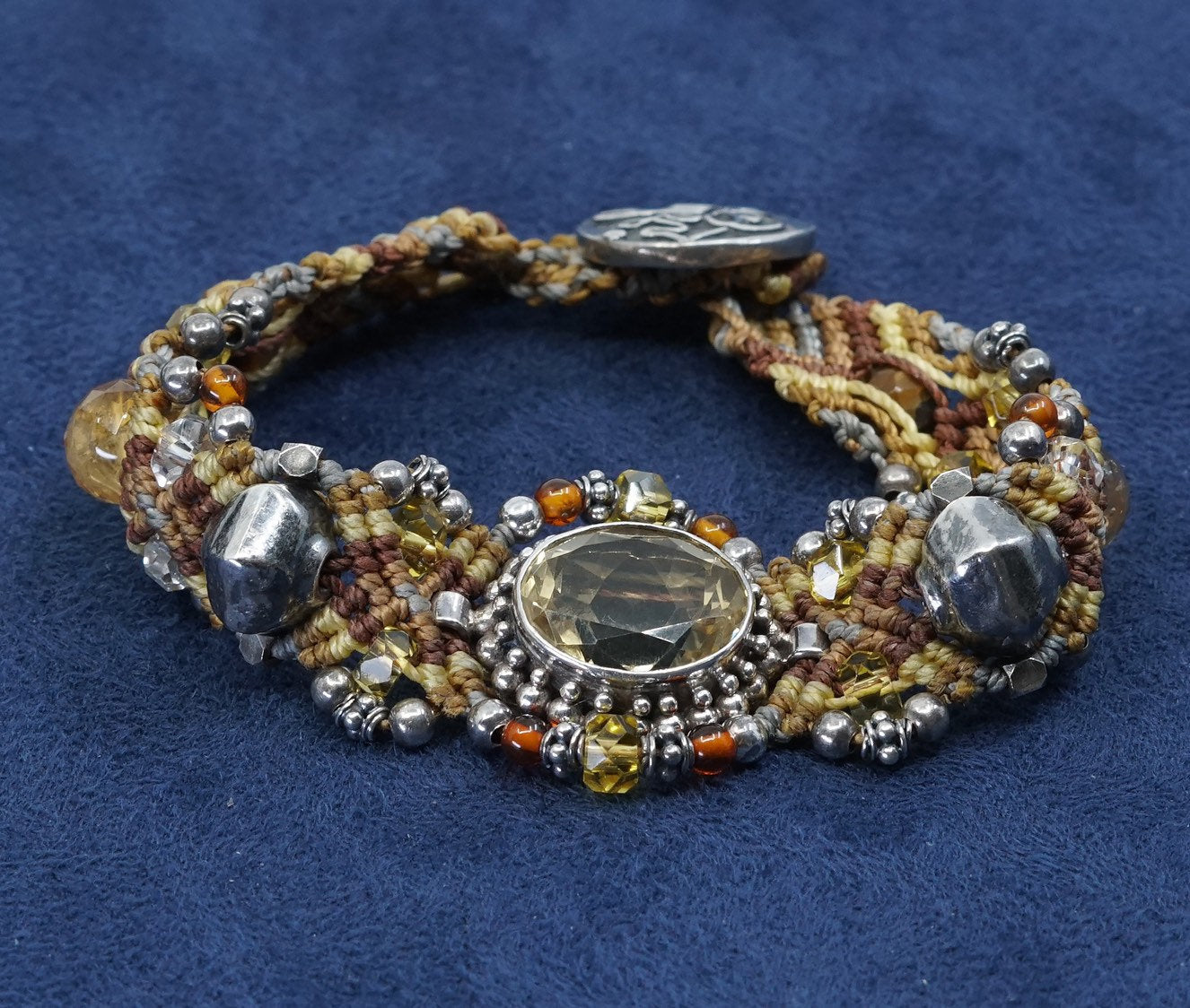 6.25", vtg Sterling silver handmade bracelet, 925 w/ citrine N linen braided