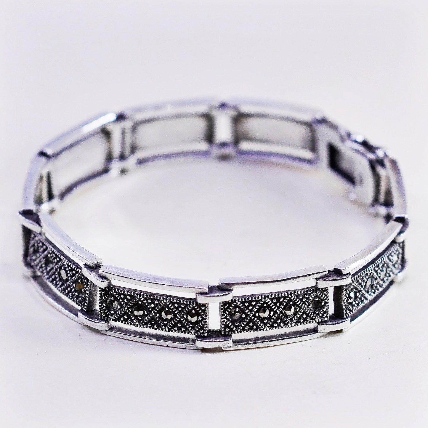 7”, vintage DBJ Sterling 925 Silver, elongated chain, tennis Bracelet marcasite