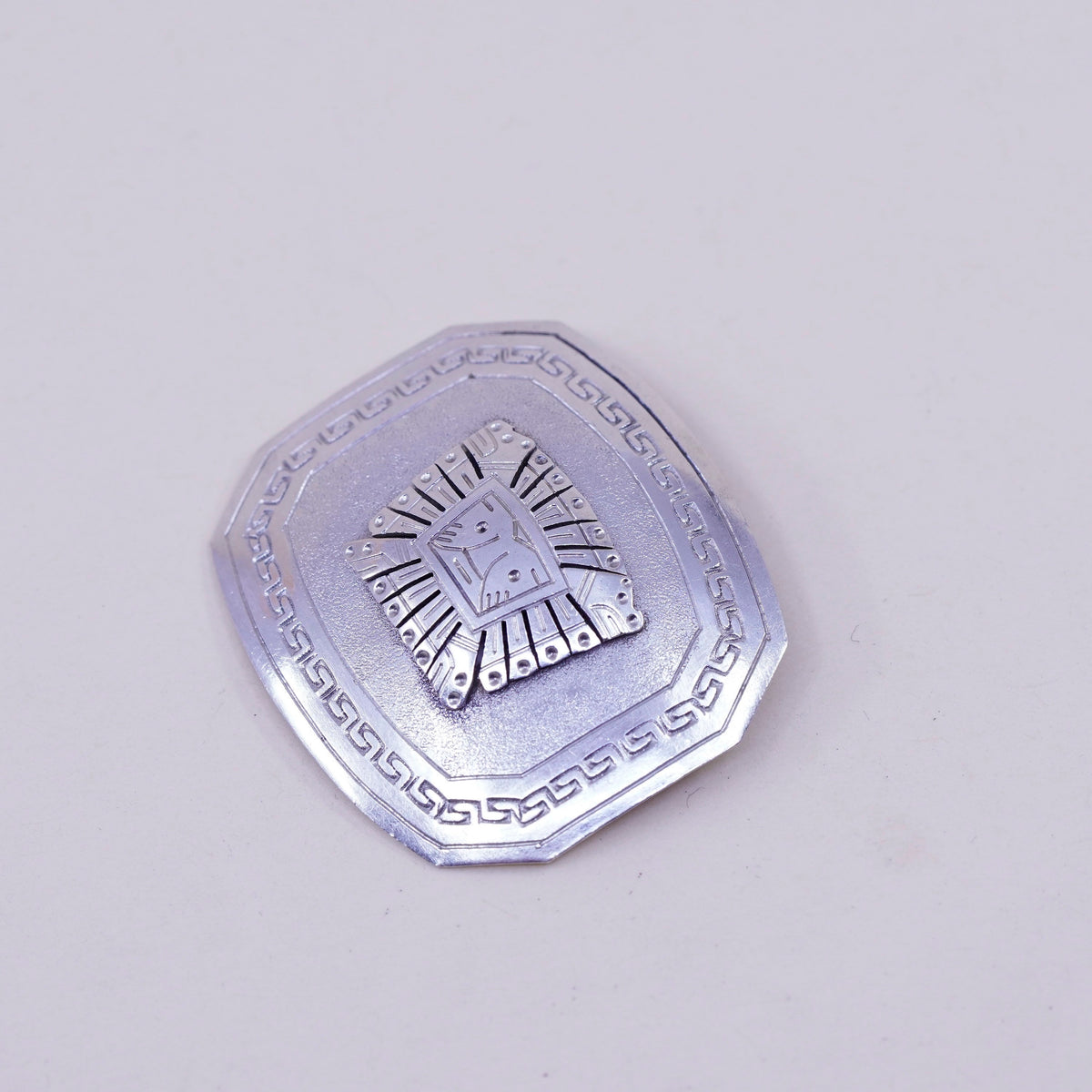 ancient Sterling silver handmade brooch, antique 925 disc with Inca inti god