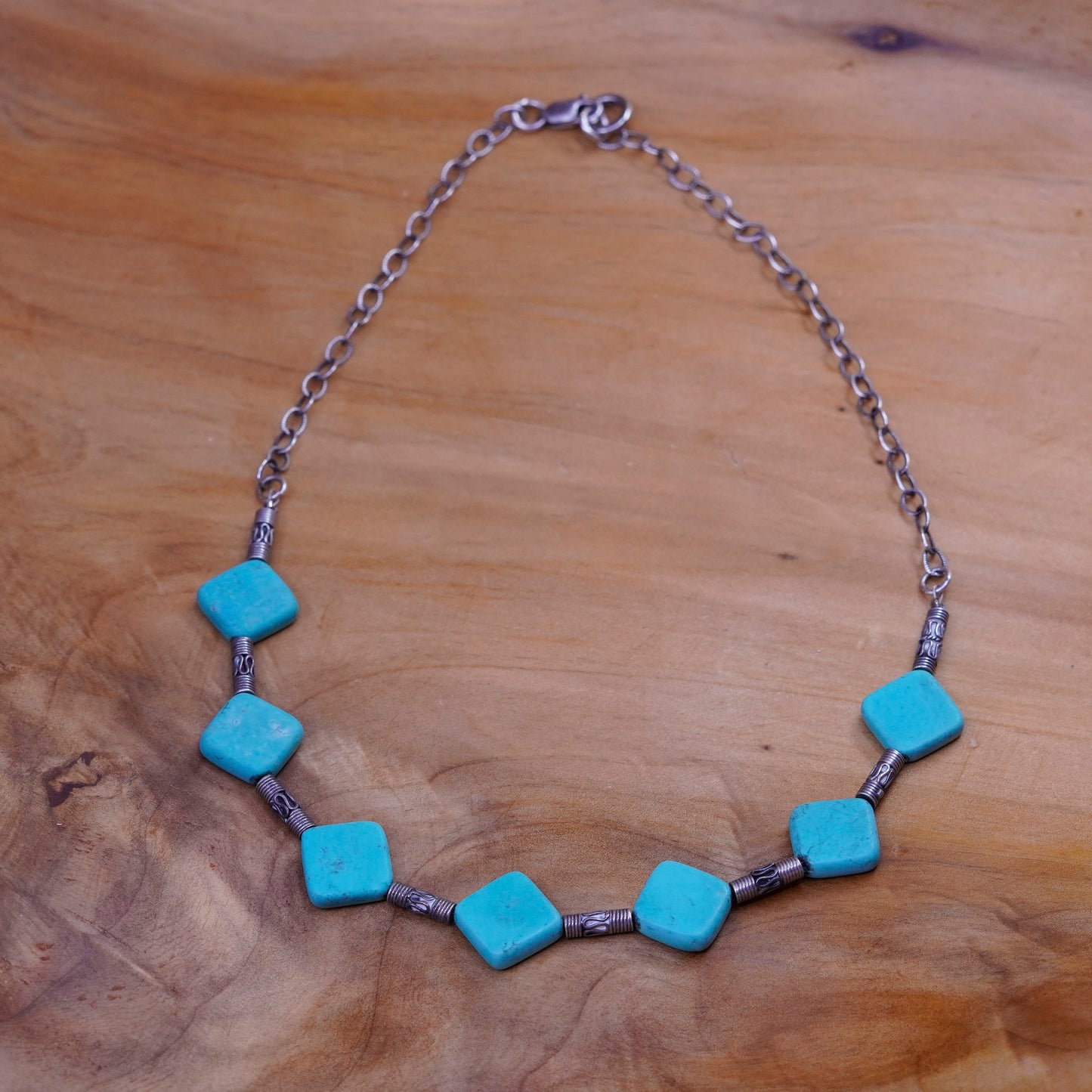 15”. Native American Sterling 925 silver handmade necklace w/ square turquoise