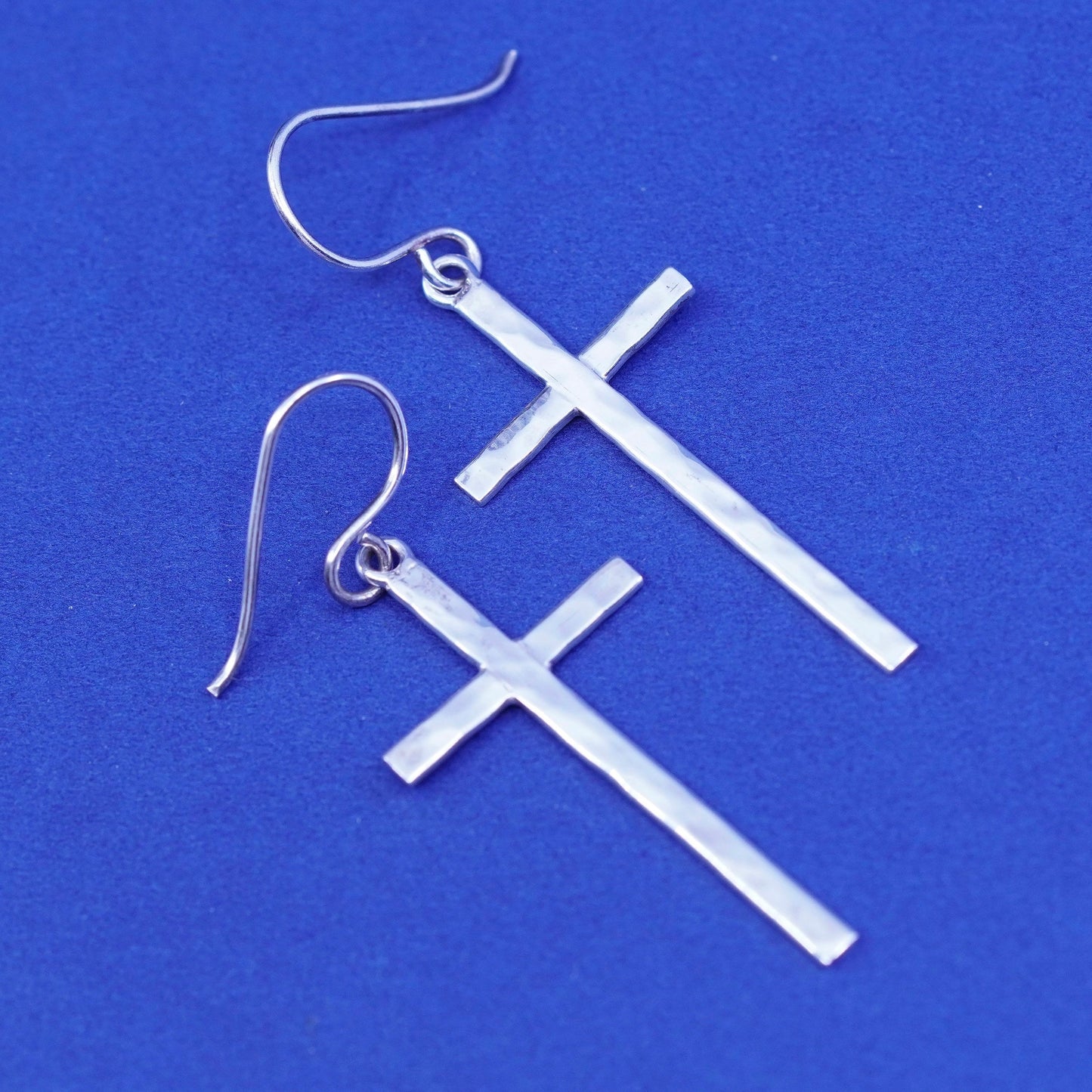 Vintage Sterling silver handmade earrings, hammered 925 cross drops