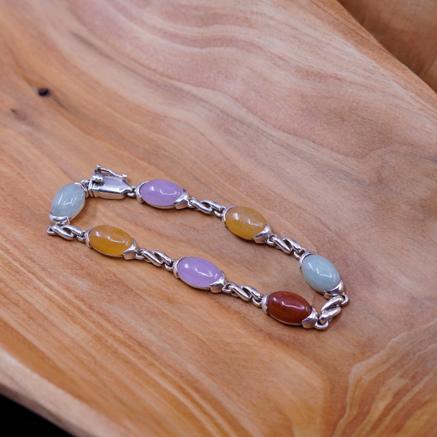7”, vintage Sterling 925 silver handmade bracelet purple green jade carnelian