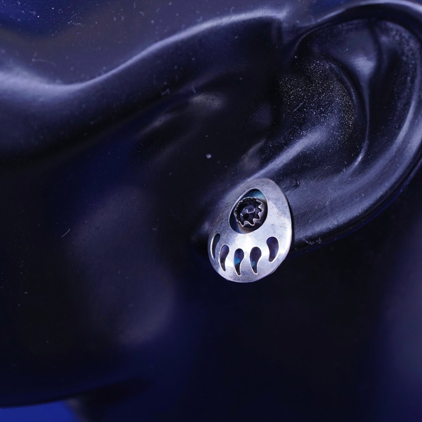 Native American sterling silver handmade earrings, 925 bear paw studs obsidian