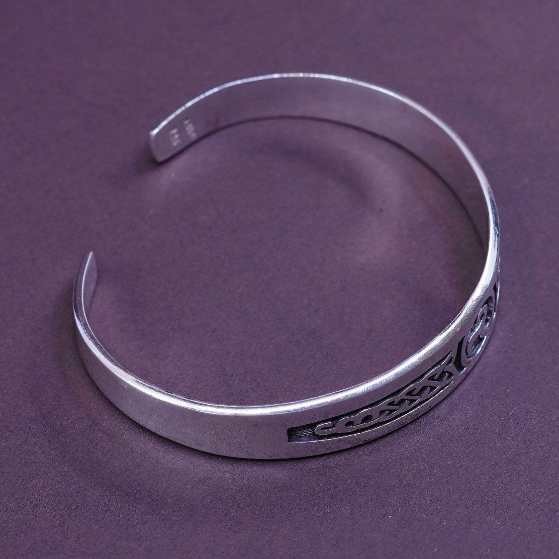 7", vtg Sterling silver handmade bracelet, Mexico 925 cuff w/ irish Celtic knot
