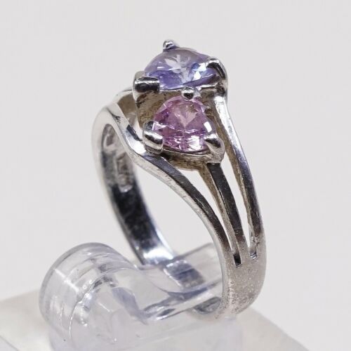 Sz 6 Vtg Sterling Handmade Ring, 925 Double Heart W/ Pink N Amethyst Cz
