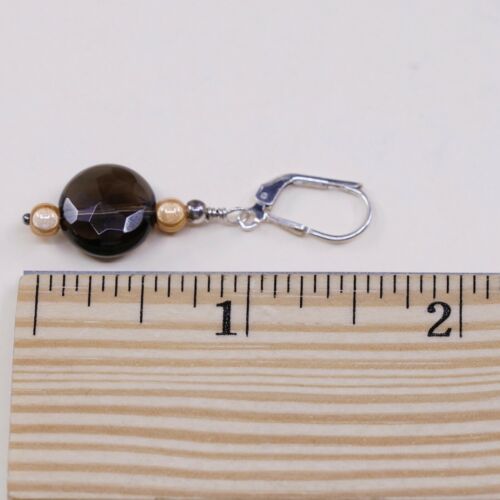 Vtg STERLING 925 SILVER Handmade Lever Back earrings with Smoky Crystal dangles