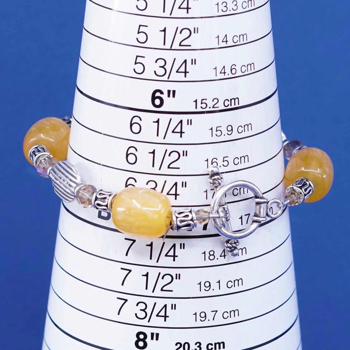7”, vtg sterling silver handmade bracelet, 925 beads N yellow beads w/ toggle