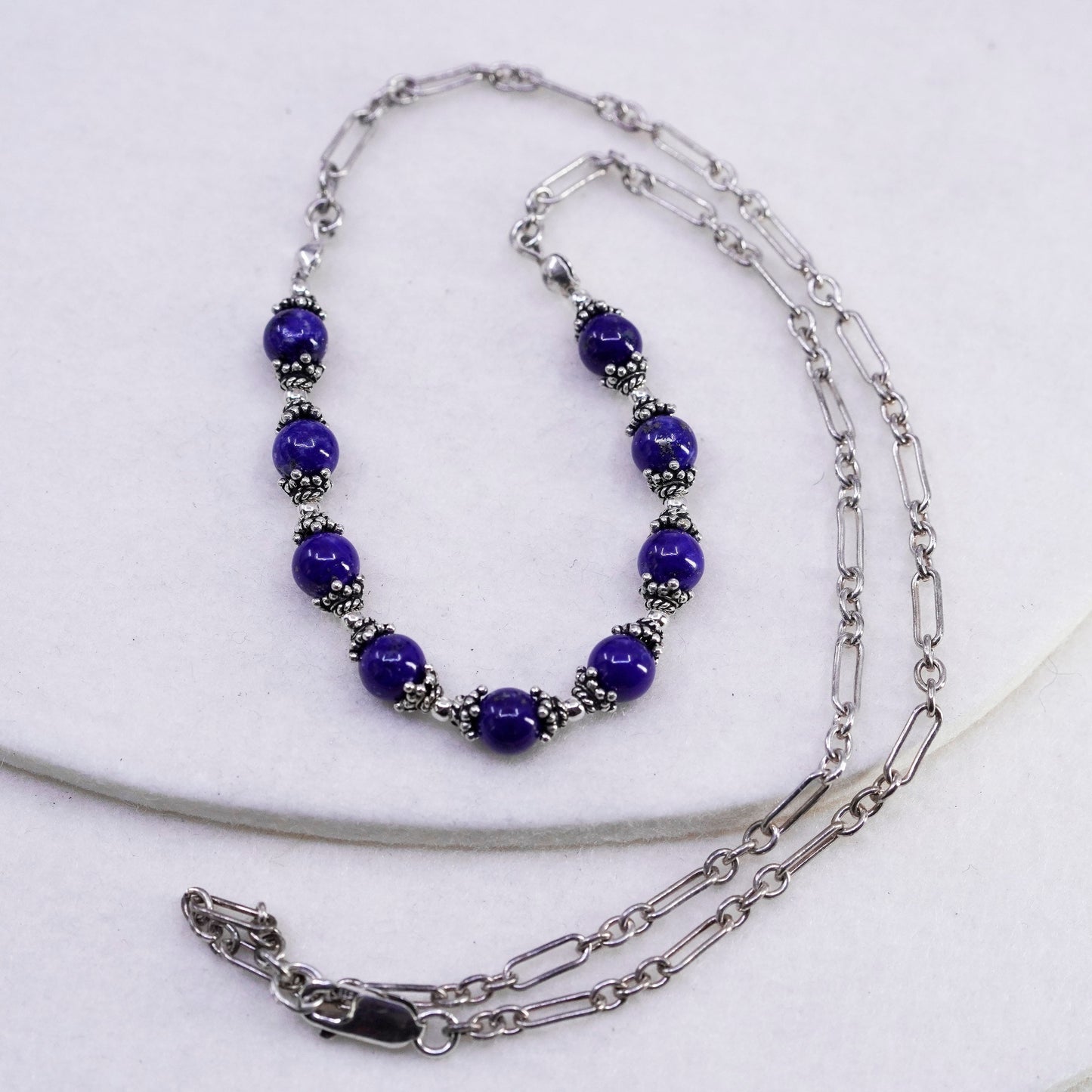 19”, Sterling 925 silver handmade elongated necklace with lapis lazuli beads