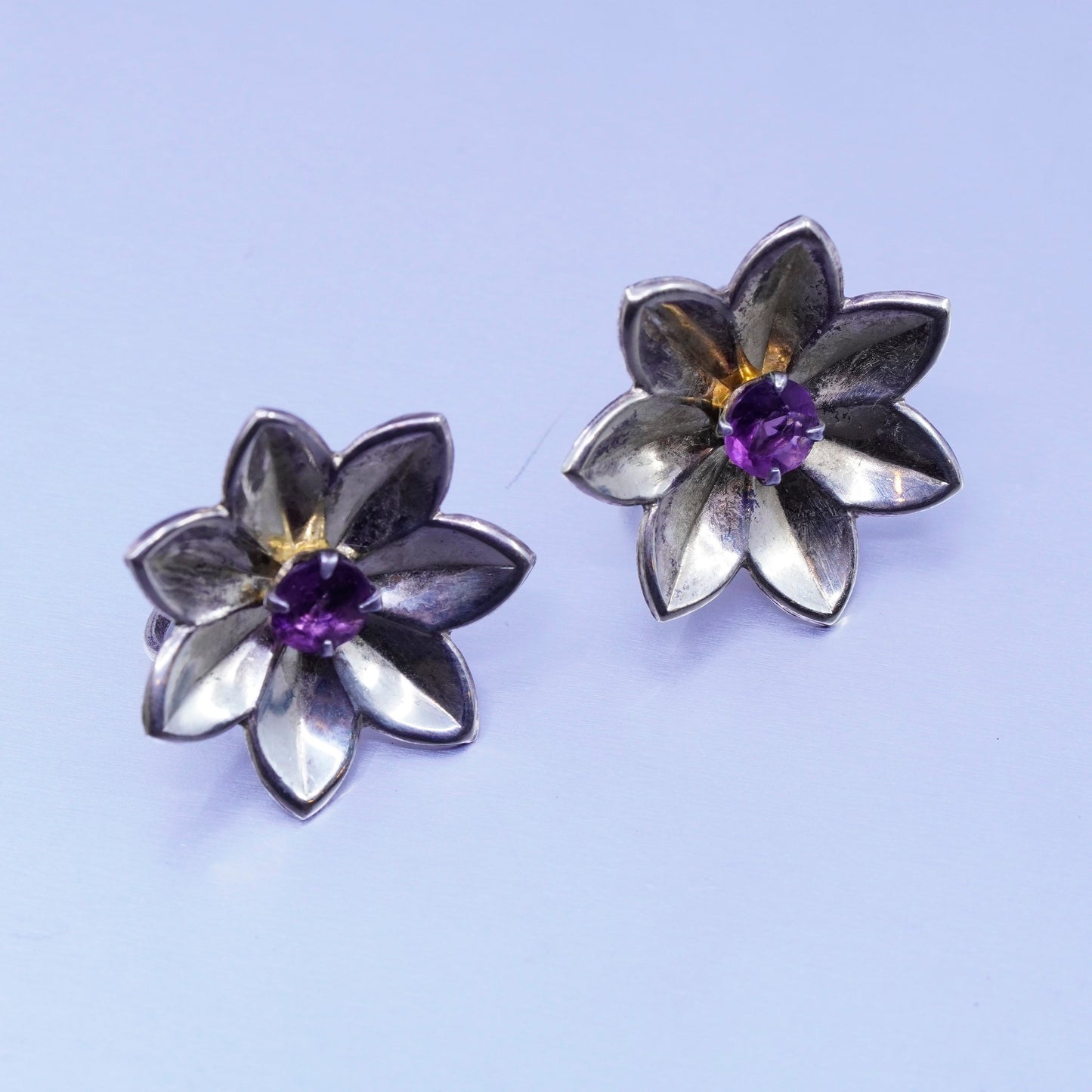 Vermeil Gold over Sterling 925 silver earrings, screw back flower with amethyst