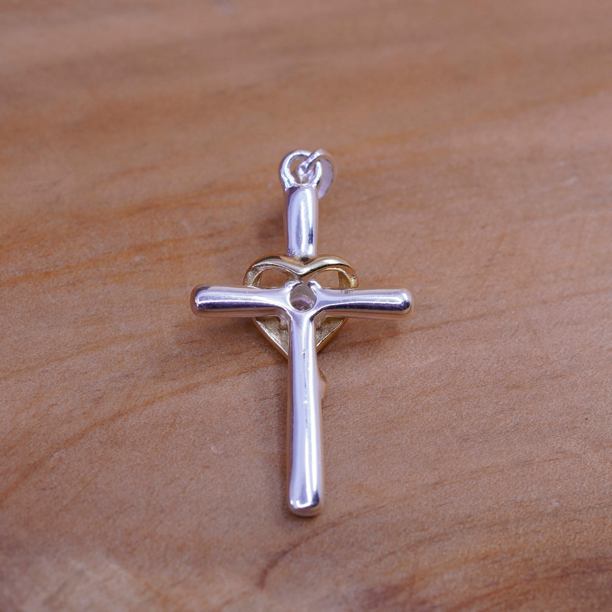 Vintage Sterling silver handmade pendant, 925 cross with heart and cz