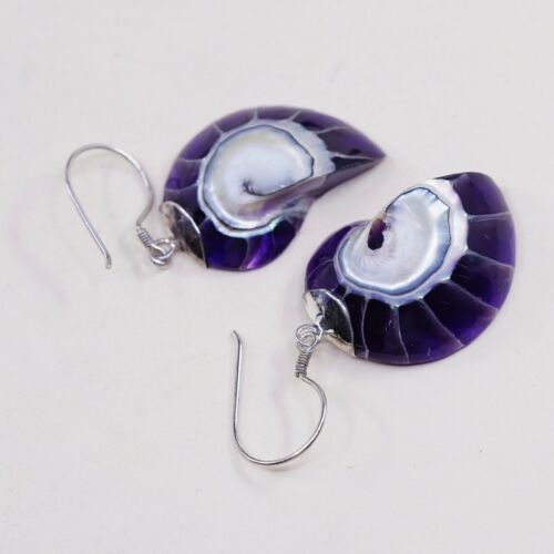 Vtg STERLING 925 SILVER Handmade Purple Shell EARRINGS Dangles, Stamped 925