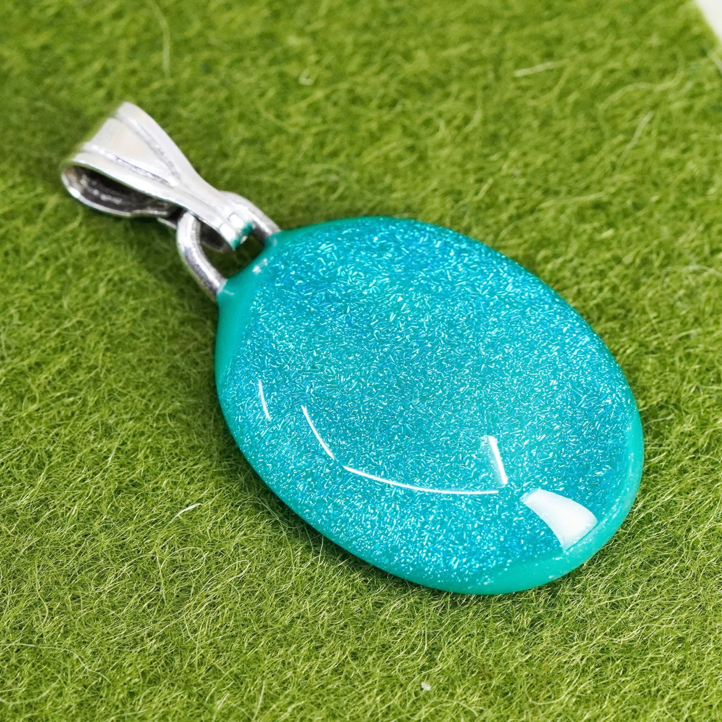 Vintage sterling silver with artisan glass pendant, oval teal dichroic glass