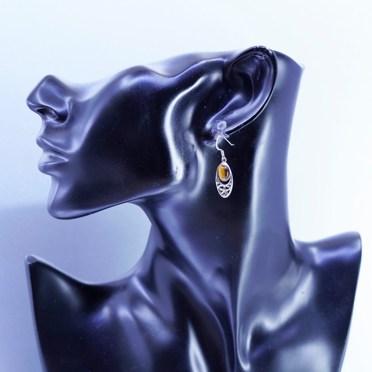 Vintage Sterling 925 silver handmade filigree earrings with golden tiger eye