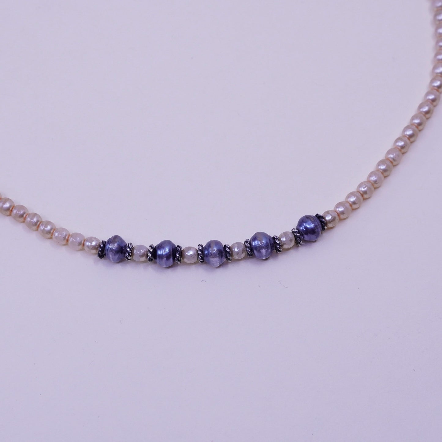 16”, Vintage faux pearl beads necklace chain with sterling 925 silver clasp