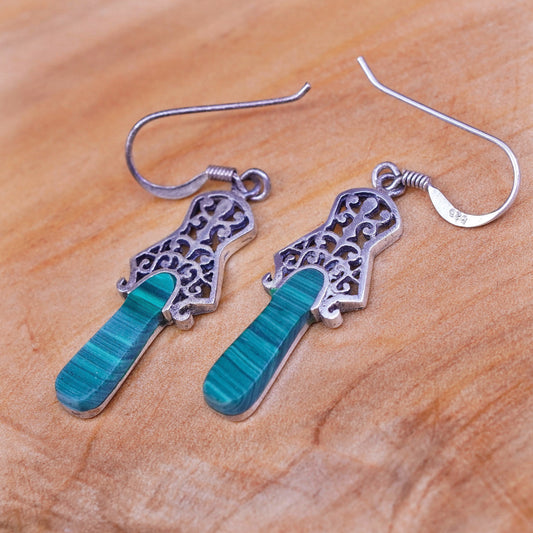 Vintage Sterling 925 silver handmade filigree earrings with oval malachite