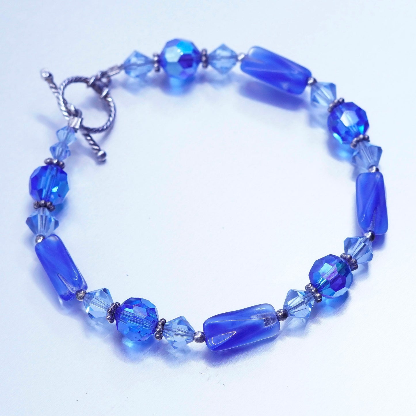 7”, vintage Sterling 925 silver bracelet with blue crystal beads toggle closure
