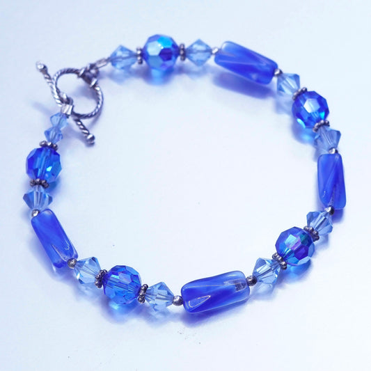 7”, vintage Sterling 925 silver bracelet with blue crystal beads toggle closure