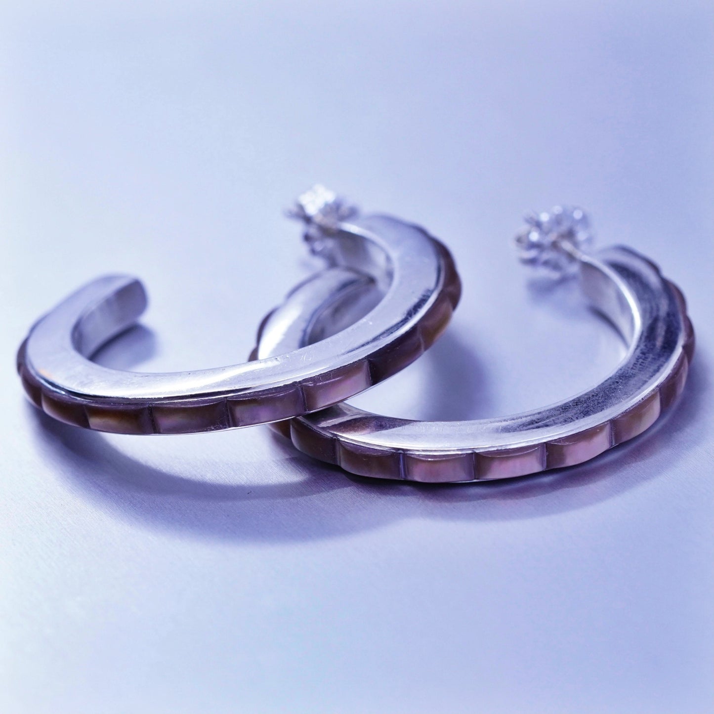 1.25”, vintage Sterling silver handmade earrings, 925 Huggie hoops with abalone