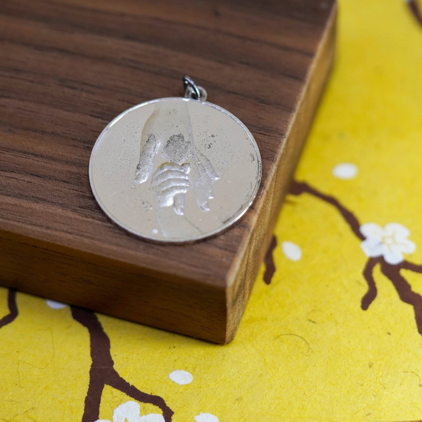 vintage Sterling silver motherhood pendant, 1970s 925 circle holding hands