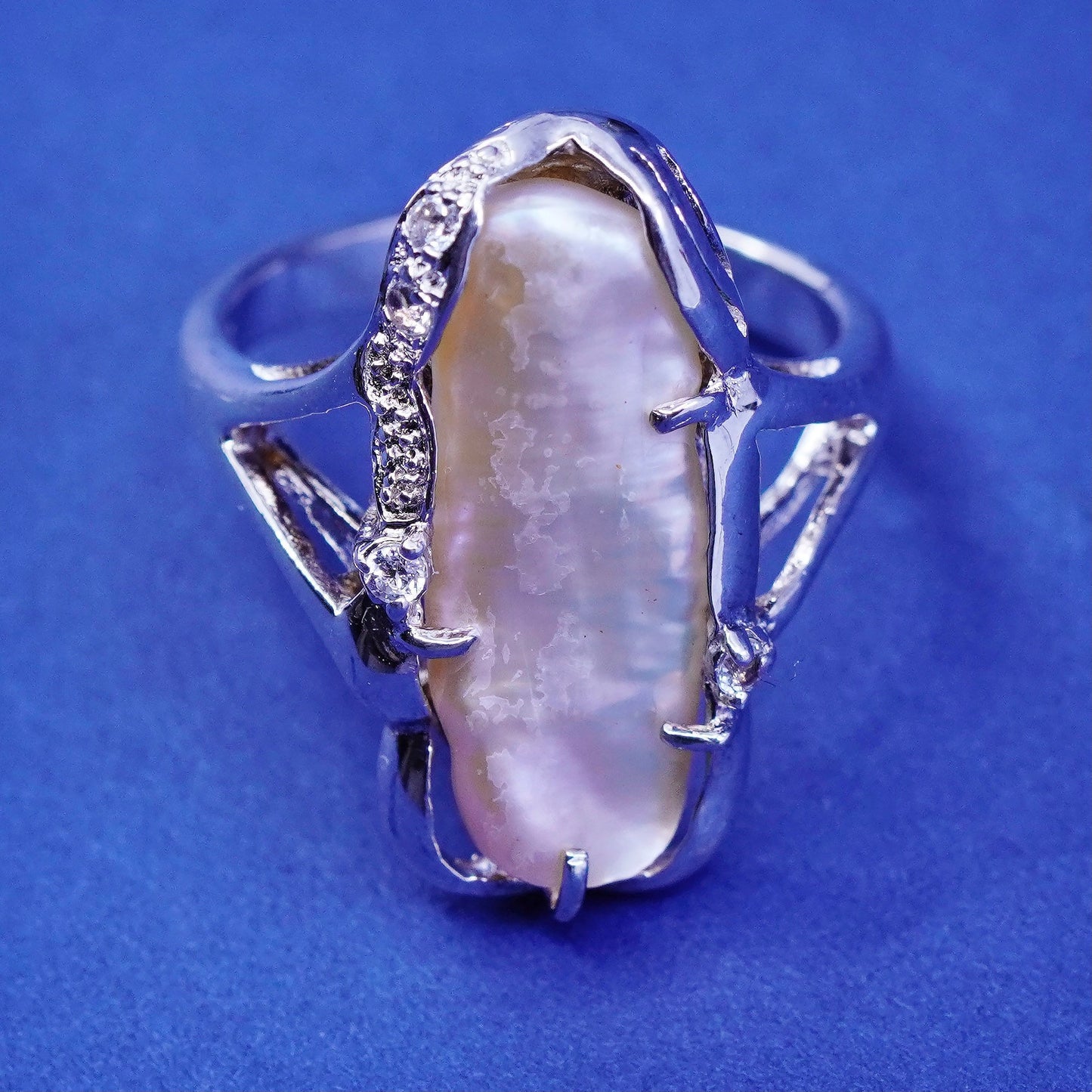 Size 10.25, vtg sterling 925 silver handmade statement ring with pearl and Cz