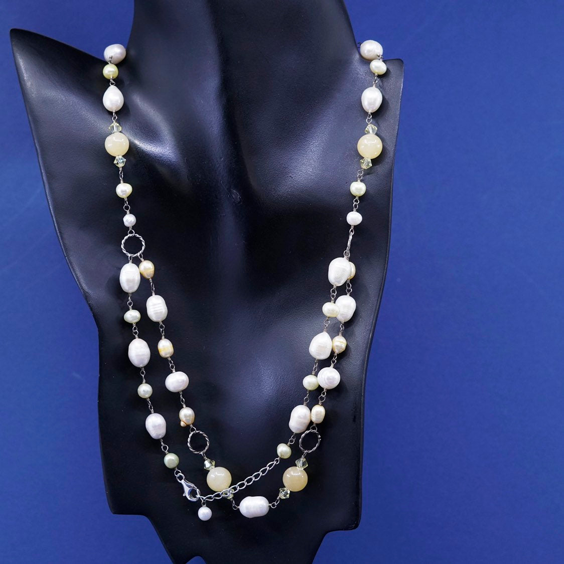 18"+2”, vtg Sterling silver handmade necklace, 925 circle chain w/ pearl beads